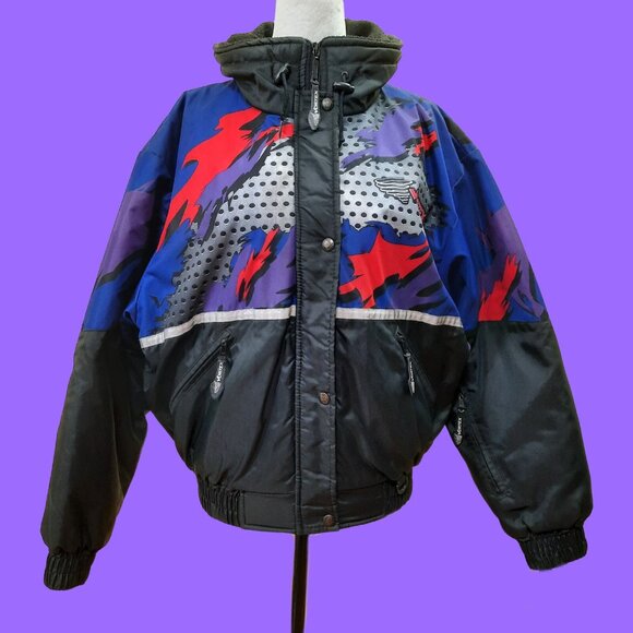 Vintag 90s Racing Bomber Jacket Vortex Insulated Womens M Black Blue Purple Red - Picture 3 of 15